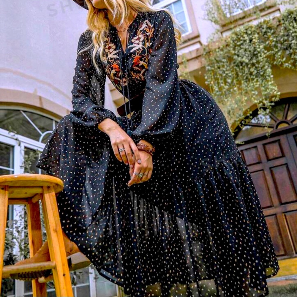 Bohemian Maxi Dress ~ Romantic 70’s inspired Festival Dress ~NWT Black/Multi ~ M